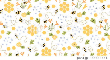 Bee honey pattern Bee seamless pattern Cute hand drawn summer meadow flowers, bee honeycombe background Hand drawn honey templates. Kids fabric design. Summer illustration. Floral sweet bee print. 86532371