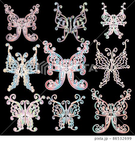 Nine colorful bright butterflies in white stroke, sticker 86532699