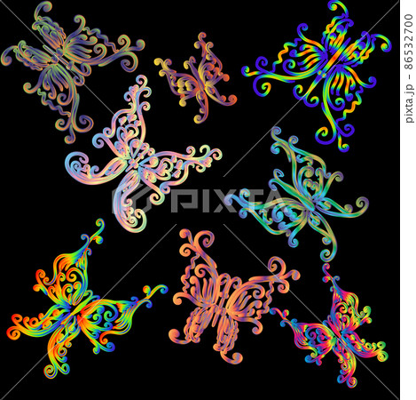 Eight contoured, iridescent, graceful butterflies On a black background. 86532700