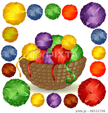 Basket with multi-colored tangles in a square Frame of multi-colored balls of wool. Basket with multi-colored tangles in a square Frame of multi-colored balls of wool. 86532706