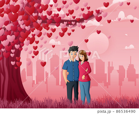 Couple under three of love with heart on pink background 86536490