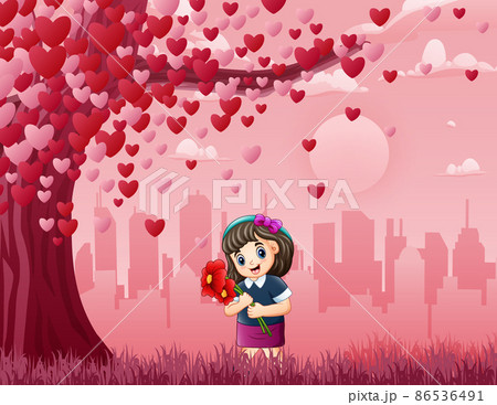 Cartoon cute girl holding flowers under a heart tree Cartoon cute girl holding flowers under a heart tree 86536491