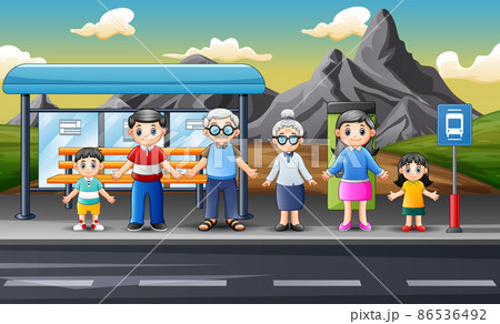 Cartoon family members wait transportation at the station Cartoon family members wait transportation at the station 86536492