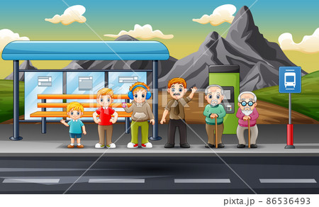 Illustration Of Many People At The Bus Stopのイラスト素材