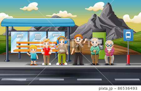 Illustration of many people at the bus stop 86536493