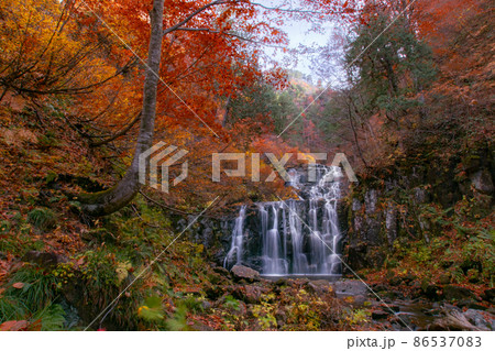 秋の森吉山　紅葉の立又渓谷　二の滝　秋田県北秋田市 86537083