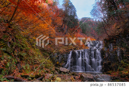 秋の森吉山　紅葉の立又渓谷　二の滝　秋田県北秋田市 86537085