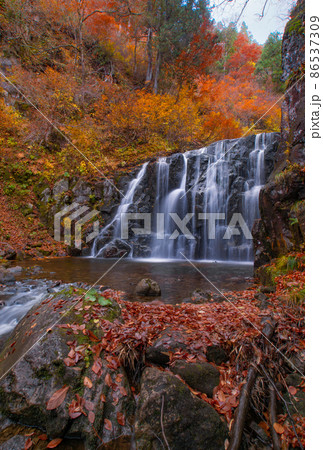 紅葉の立又渓谷　二の滝　秋田県北秋田市 86537309
