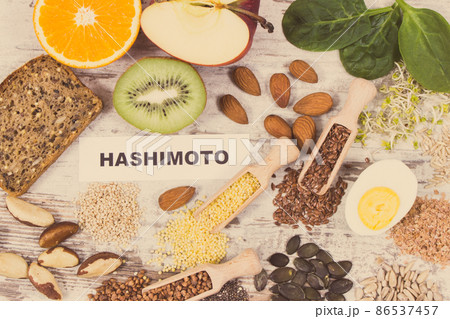 Inscription hashimoto and best ingredients or products for healthy thyroid. Food containing vitamins 86537457
