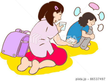 ヤングケアラー 独語する統合失調症の母親に内服をすすめる小学生の女の子のイラスト ヤングケアラー 独語する統合失調症の母親に内服をすすめる小学生の女の子のイラスト 86537497