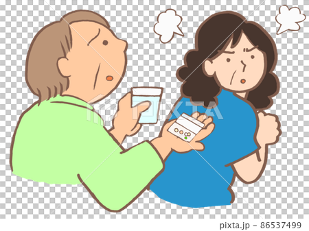 Illustration of a woman with schizophrenia who refuses to take medicine with a family who recommends oral administration Illustration of a woman with schizophrenia who refuses to take medicine with a family who recommends oral administration 86537499