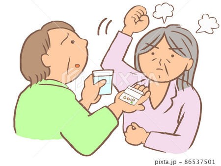 内服をすすめる家族と拒薬する重度認知症の女性のイラスト 内服をすすめる家族と拒薬する重度認知症の女性のイラスト 86537501