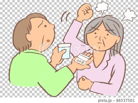 内服をすすめる家族と拒薬する重度認知症の女性のイラスト 内服をすすめる家族と拒薬する重度認知症の女性のイラスト 86537501