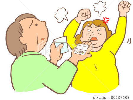 内服をすすめる家族と拒薬する双極性障害の女性のイラスト 内服をすすめる家族と拒薬する双極性障害の女性のイラスト 86537503