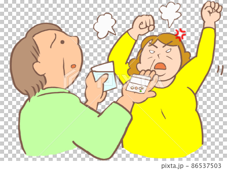内服をすすめる家族と拒薬する双極性障害の女性のイラスト 内服をすすめる家族と拒薬する双極性障害の女性のイラスト 86537503
