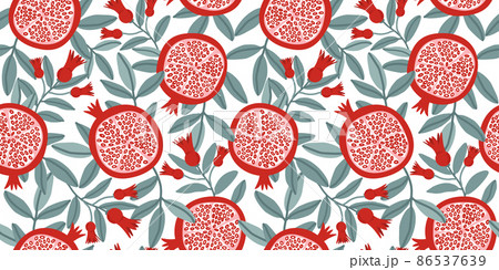 Seamless pattern with pomegranate fruits and seeds illustration. Design for cosmetics, spa, pomegranate juice, health care products, perfume. Transparent background. 86537639