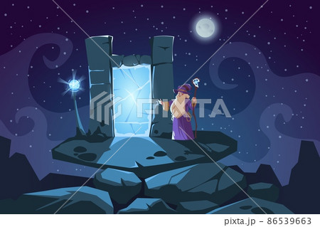 Wizard and portal scene. Cartoon fantasy background with magician and stone teleportation door. Fairy tale teleport in rock arch. Sorcerer doing magic at night. Vector illustration 86539663