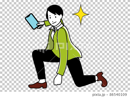 イラスト素材：携帯電話を持ってキメポーズでやる気を表現しているイメージのビジネスパーソン 86540109