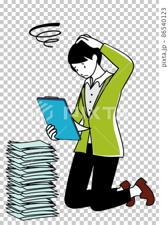 積み重なった書類と、バインダー片手に困った顔をするビジネスパーソン(非効率や多忙のイメージに) 積み重なった書類と、バインダー片手に困った顔をするビジネスパーソン(非効率や多忙のイメージに) 86540123