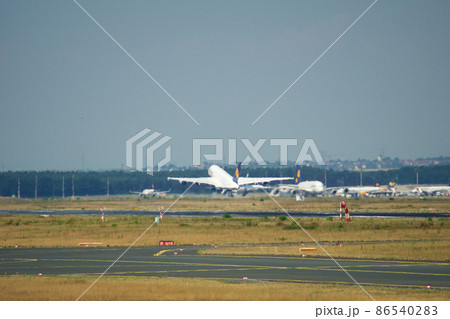 FRANKFURT, GERMANY - JUN 09th, 2017: Lufthansa Airbus A380 MSN 66 - D-AIMF aircraft takeoff from the airport. A380 is the flagship of Lufthansas airplane fleet 86540283