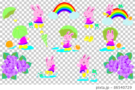 Cute rabbit, rainy season, umbrella, rainbow, snail, frog, hydrangea, puddle play 86540729
