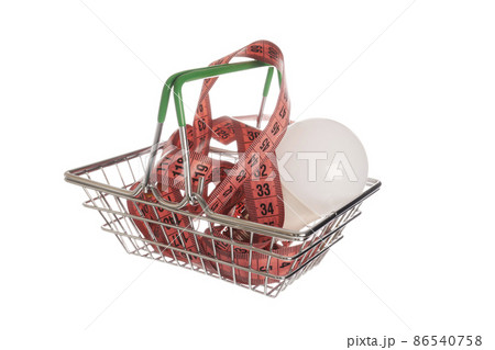 Led Bulb with Meter Tape in Metal Basket - Isolated Photo Led Bulb with Meter Tape in Metal Basket - Isolated Photo 86540758
