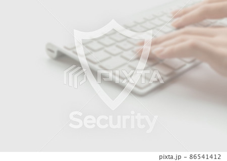 Internet security computer data symbol on blured keyboard background. Hacker attack and data breach, information leak concept. 86541412