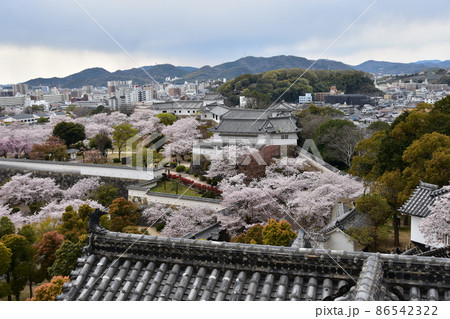 日本の兵庫県の姫路市　世界遺産で国宝でもある姫路城　天守閣から見た周辺の街並み　城内の桜と庭園 86542322