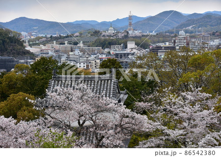 日本の兵庫県の姫路市　世界遺産で国宝でもある姫路城　天守閣から見た周辺の街並み　城内の桜と庭園 86542380