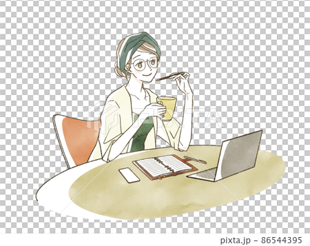 A woman working with a notebook or computer on the table 86544395