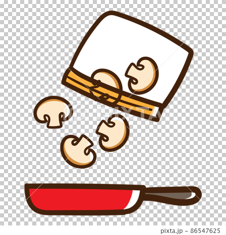 きのこをフライパンで炒めるかわいい手書き風イラストのイラスト素材