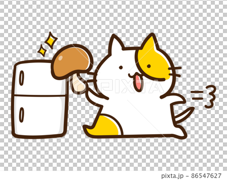 一隻可愛的貓試圖把蘑菇放在冰箱裡的手寫風格插圖 86547627