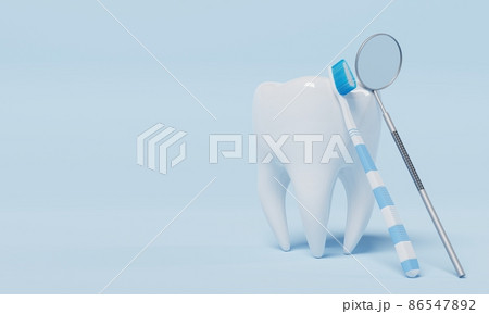 Tooth with dental inspection mirror on blue background. Dental and Health care concept. 3D illustration rendering Tooth with dental inspection mirror on blue background. Dental and Health care concept. 3D illustration rendering 86547892