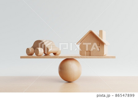 House and car coin with balancing weight scale on wooden background. Financial and Transportation production concept. Loan and real estate theme. 3D illustration rendering House and car coin with balancing weight scale on wooden background. Financial and Transportation production concept. Loan and real estate theme. 3D illustration rendering 86547899