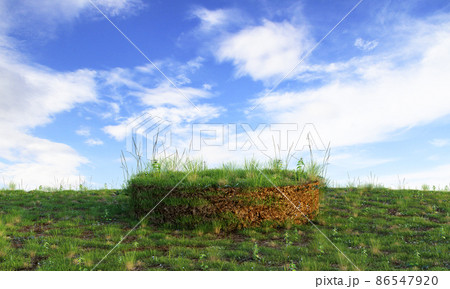 Grassy podium with blue clear sky background for product advertising. Nature and object concept. 3D illustration rendering Grassy podium with blue clear sky background for product advertising. Nature and object concept. 3D illustration rendering 86547920