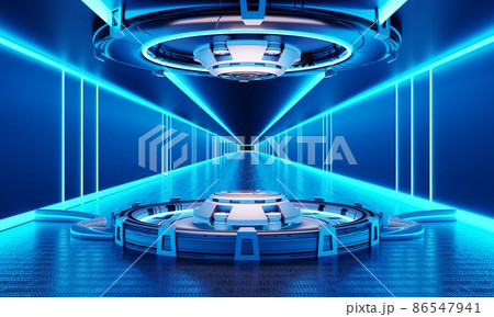 Sci-fi product podium showcase in spaceship with white and blue background. Space technology and object concept. 3D illustration rendering Sci-fi product podium showcase in spaceship with white and blue background. Space technology and object concept. 3D illustration rendering 86547941
