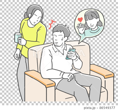 妻にスマホを覗き込まれ慌てる夫 妻にスマホを覗き込まれ慌てる夫 86549377