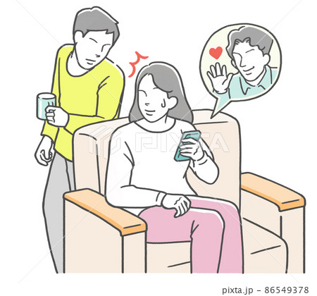 夫にスマホを覗き込まれ慌てる妻 86549378