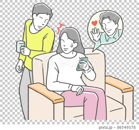 夫にスマホを覗き込まれ慌てる妻 86549378