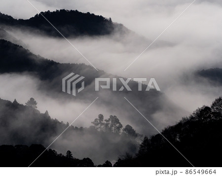 三重県 相津峠から見える水墨画のような朝霧の写真素材 [86549664] - PIXTA