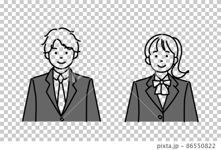 正面を向いている男子学生と女子学生のモノクロイラストセット 86550822