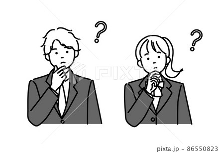 あごに手をあてて考えている男子学生と女子学生のモノクロイラストセット 86550823