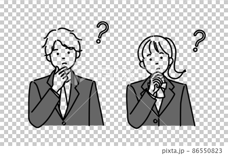 あごに手をあてて考えている男子学生と女子学生のモノクロイラストセット 86550823