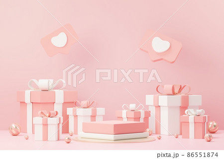 3d render minimal sweet scene with display podium for mock up and product brand presentation. Pink Pedestal stand for Valentine's Day's theme. Cute lovely heart background. Love day's design style. 86551874