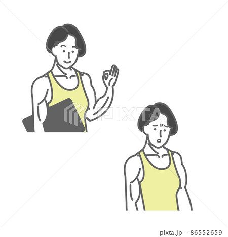若いタンクトップを着た筋肉質な女性のokとイライラの表情のセットの白バックの線画のイラスト素材