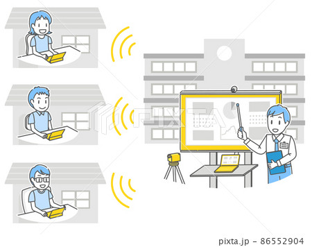 オンライン授業をする先生と、家庭からタブレットを使って受講する子供たち 86552904