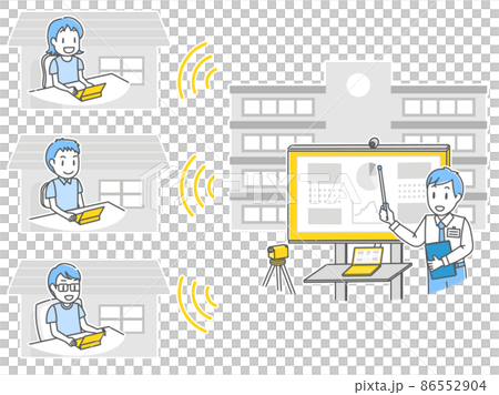 オンライン授業をする先生と、家庭からタブレットを使って受講する子供たち 86552904