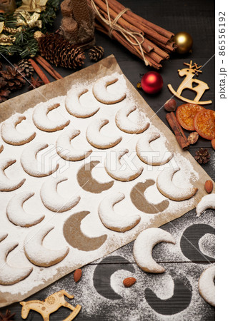 Traditional German or Austrian Vanillekipferl vanilla kipferl cookies on wooden table 86556192