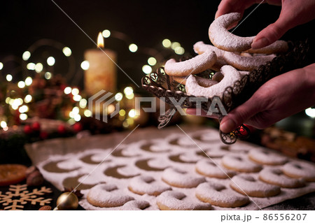 Traditional German or Austrian Vanillekipferl vanilla kipferl cookies on wooden table Traditional German or Austrian Vanillekipferl vanilla kipferl cookies on wooden table 86556207