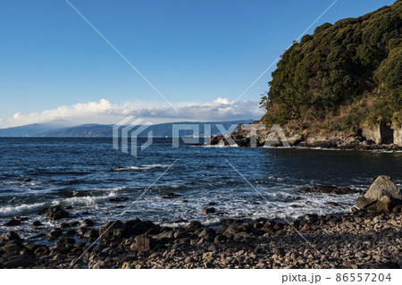 伊豆半島の景勝地の神奈川県足柄下郡真鶴町の真鶴半島の冬（番場浦） 86557204